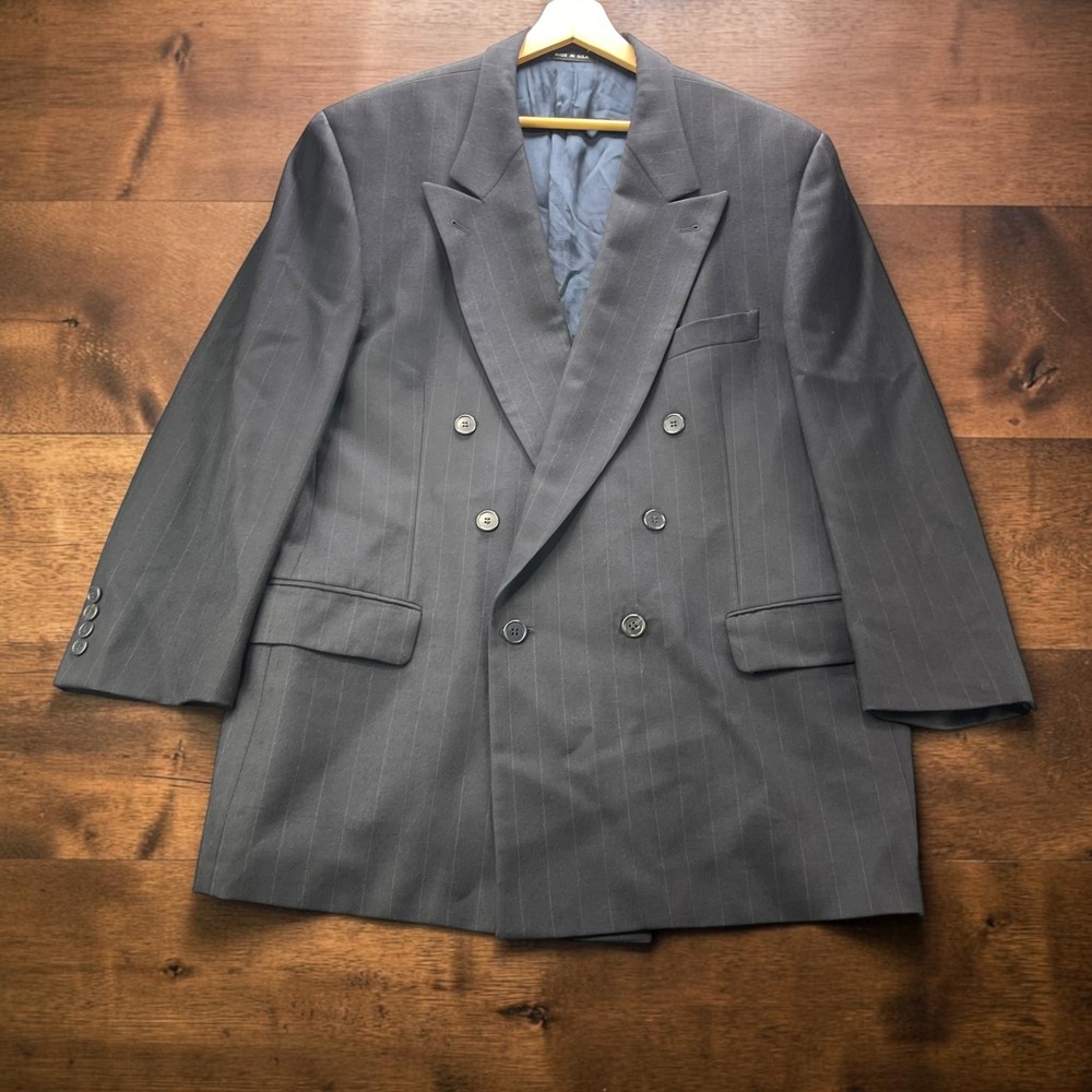 Vintage USA Joseph Abboud Mens Charcoal Pinstripe Double Breasted Blazer 46R
